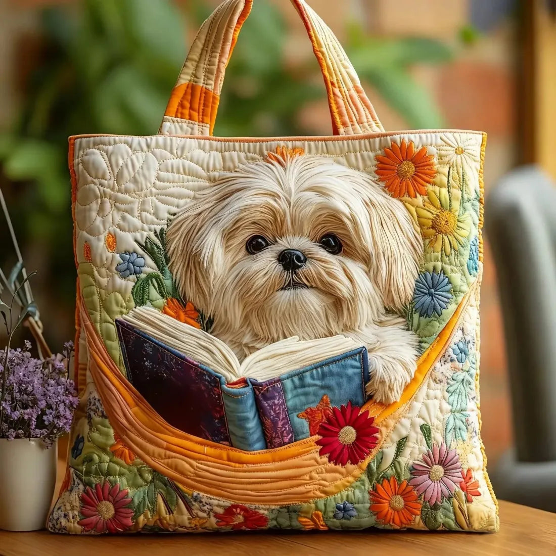 Bolso Artesanal - Shih Tzu con Libro y Flores