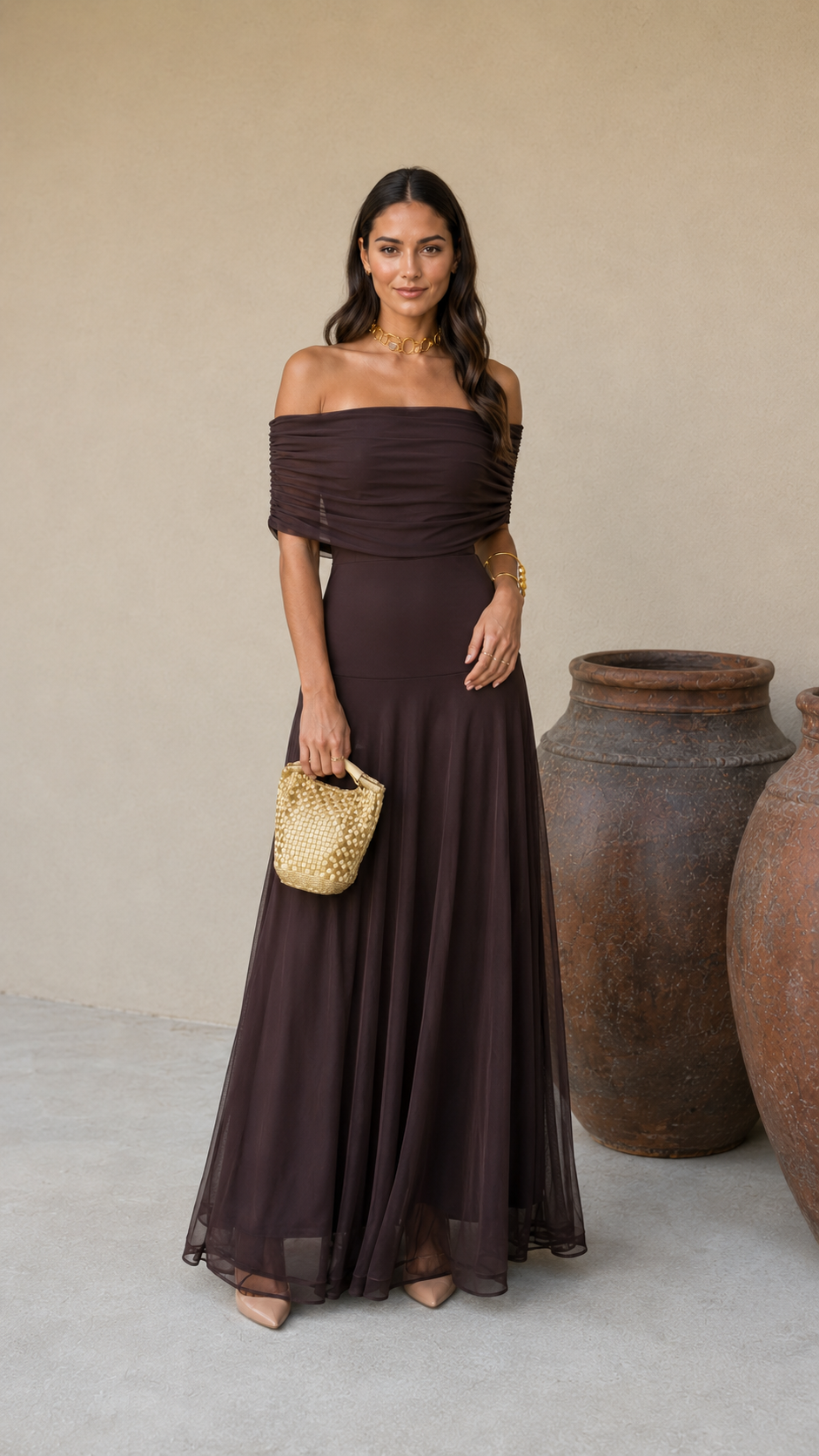 NOELIA- Vestido Elegante Color Marrón