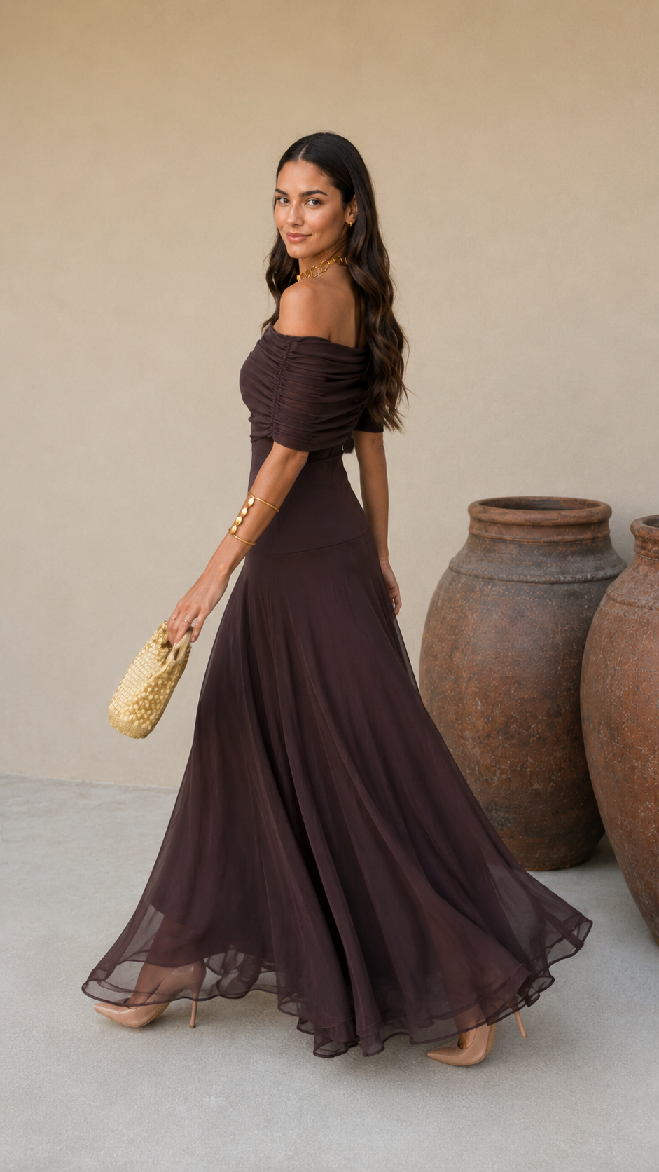 NOELIA- Vestido Elegante Color Marrón
