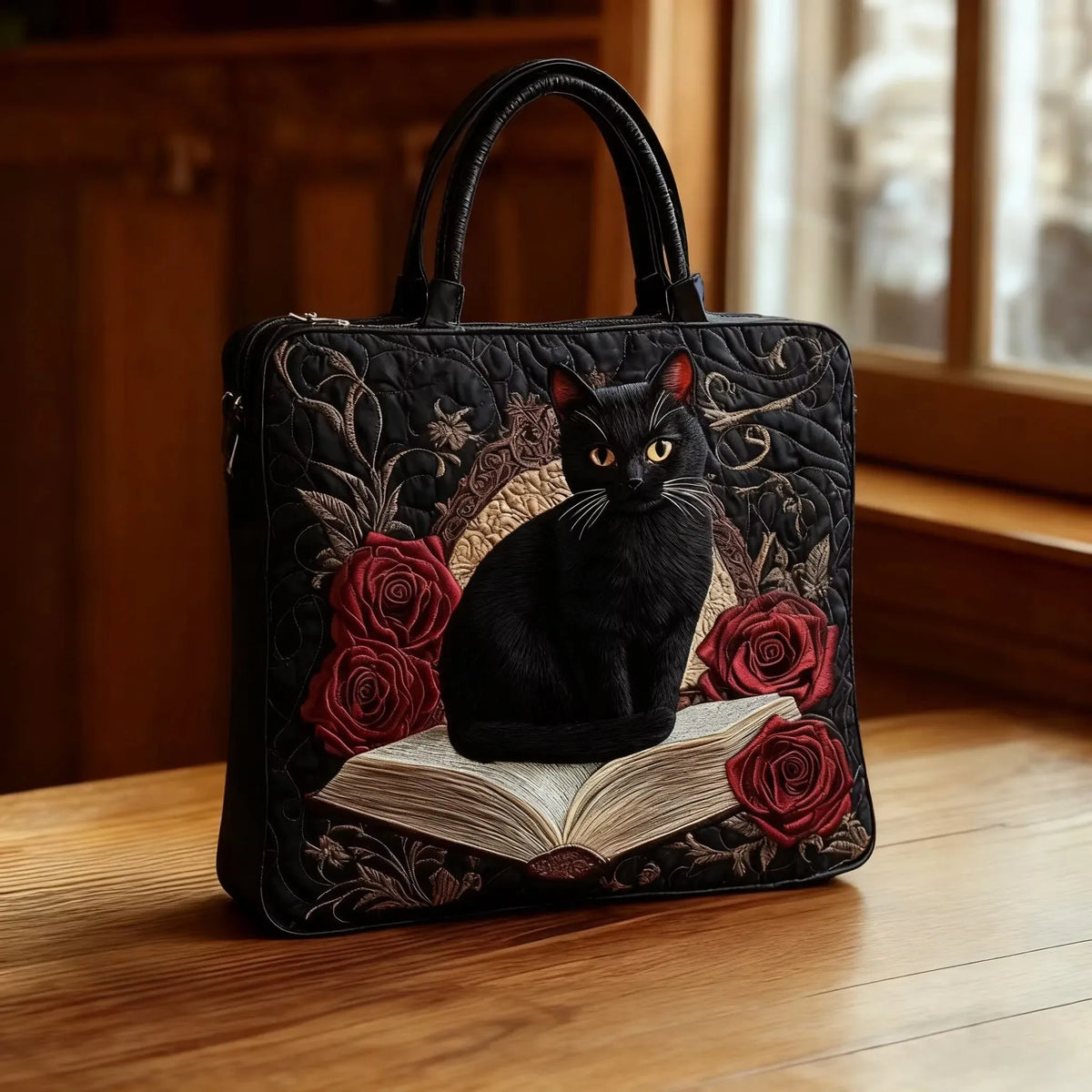 Bolso Artesanal Acolchado - Gato Negro con Libro