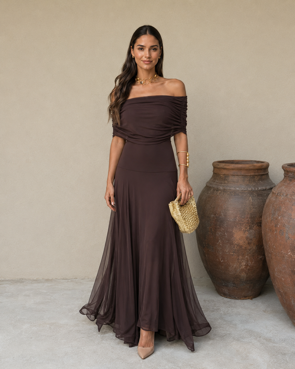 NOELIA- Vestido Elegante Color Marrón