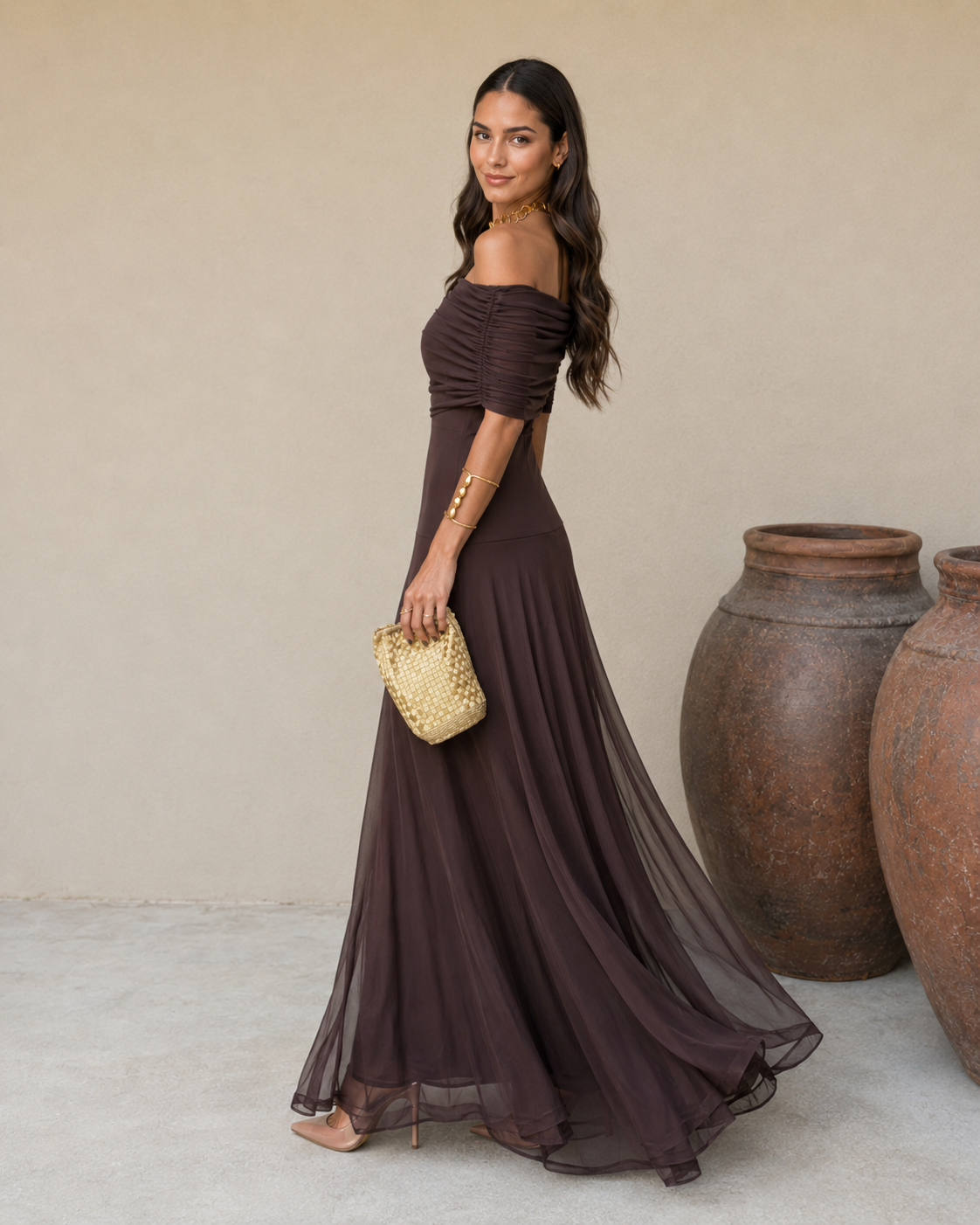 NOELIA- Vestido Elegante Color Marrón