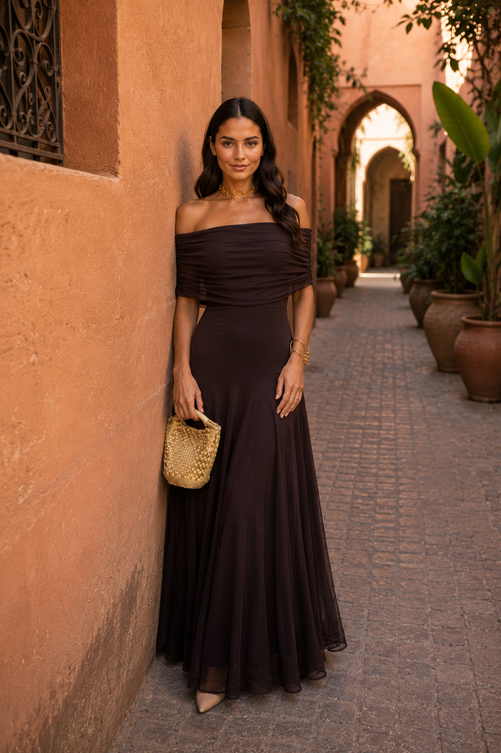 NOELIA- Vestido Elegante Color Marrón