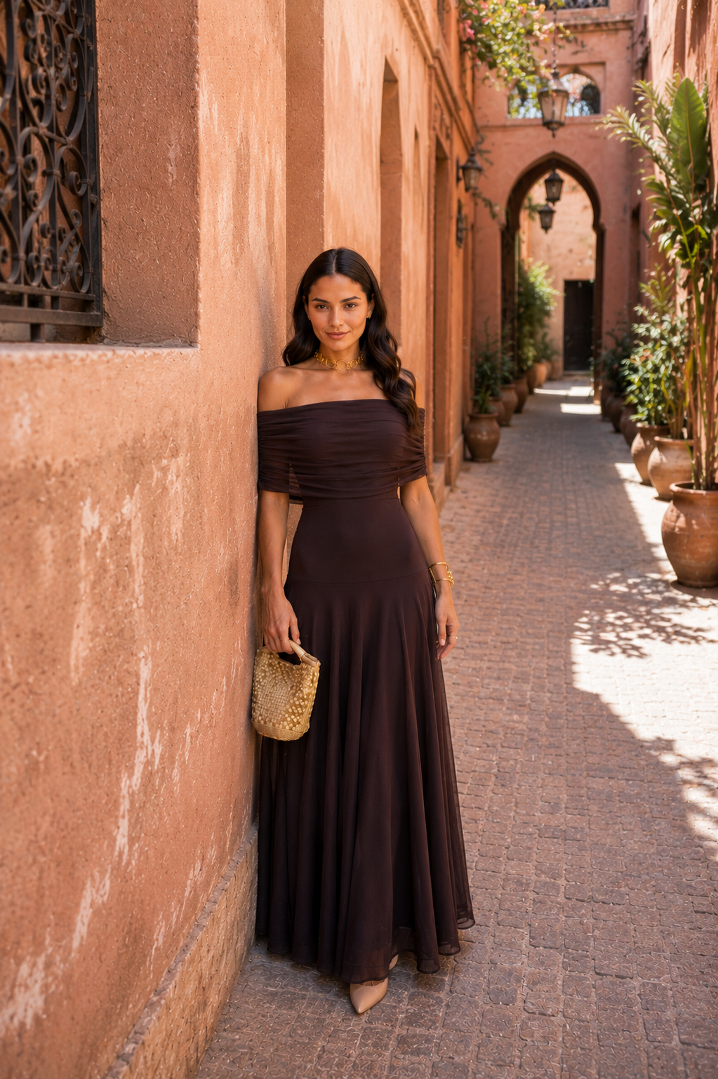 NOELIA- Vestido Elegante Color Marrón