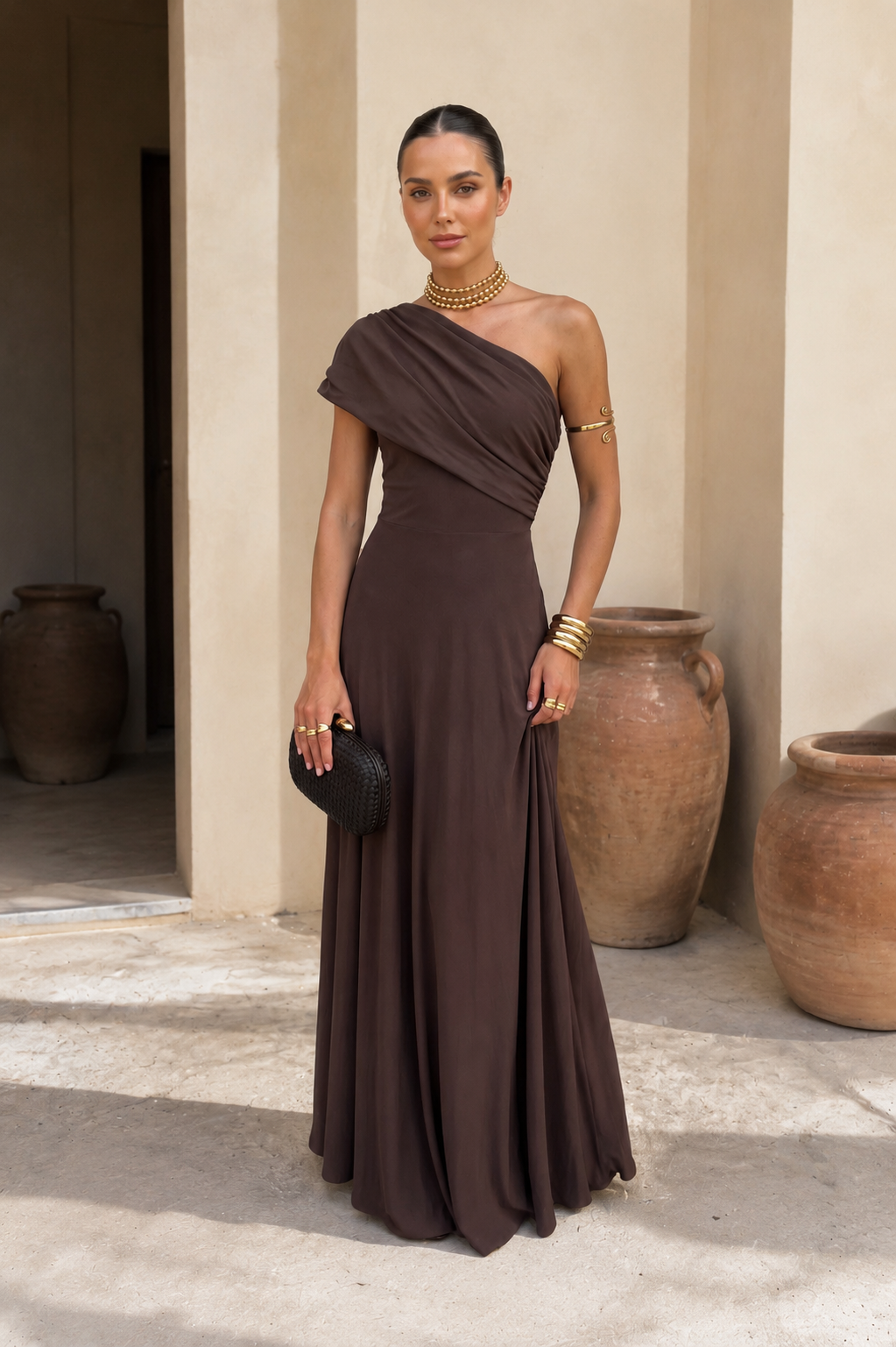 NOELIA- Vestido Elegante Color Marrón