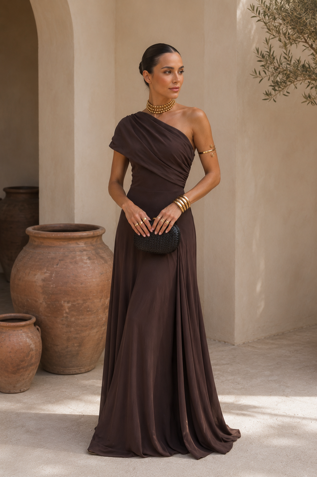 NOELIA- Vestido Elegante Color Marrón