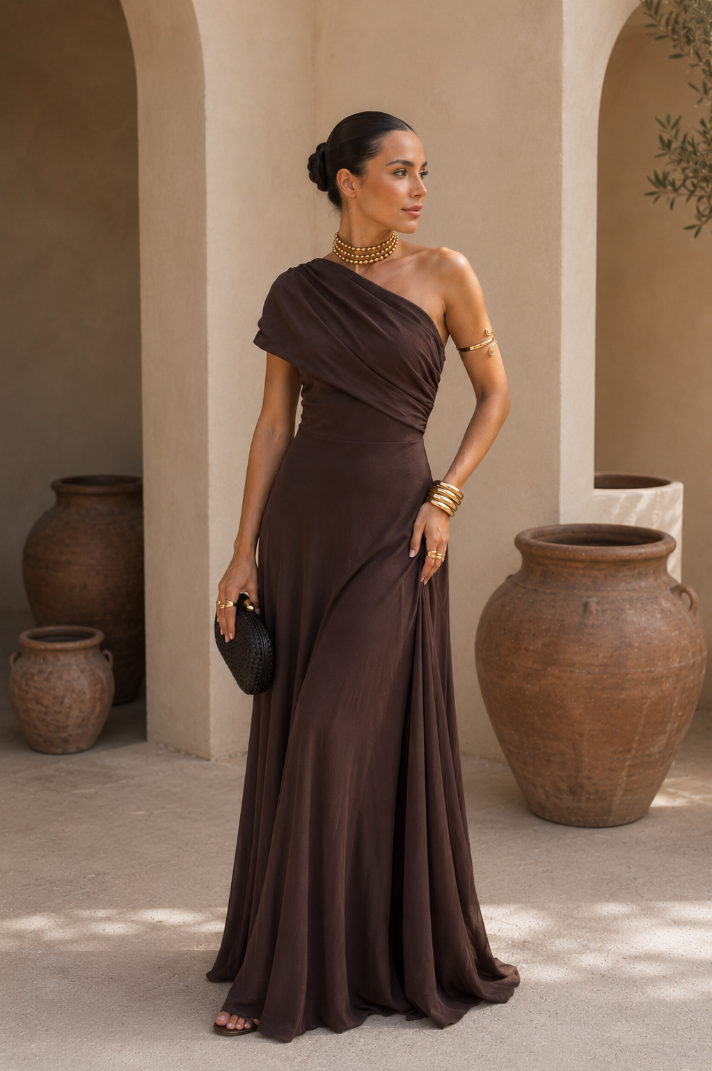 NOELIA- Vestido Elegante Color Marrón