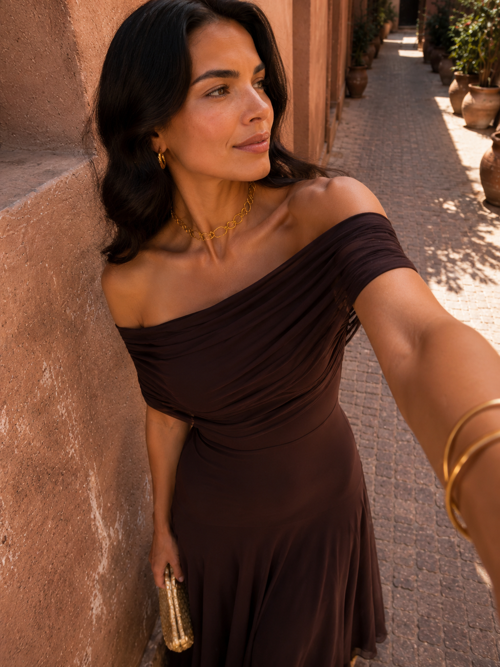 NOELIA- Vestido Elegante Color Marrón