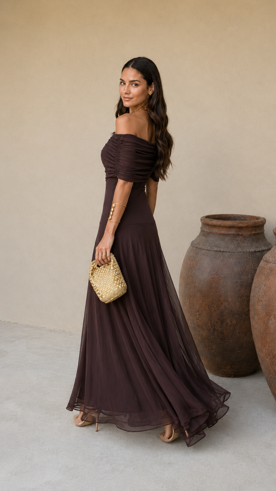NOELIA- Vestido Elegante Color Marrón