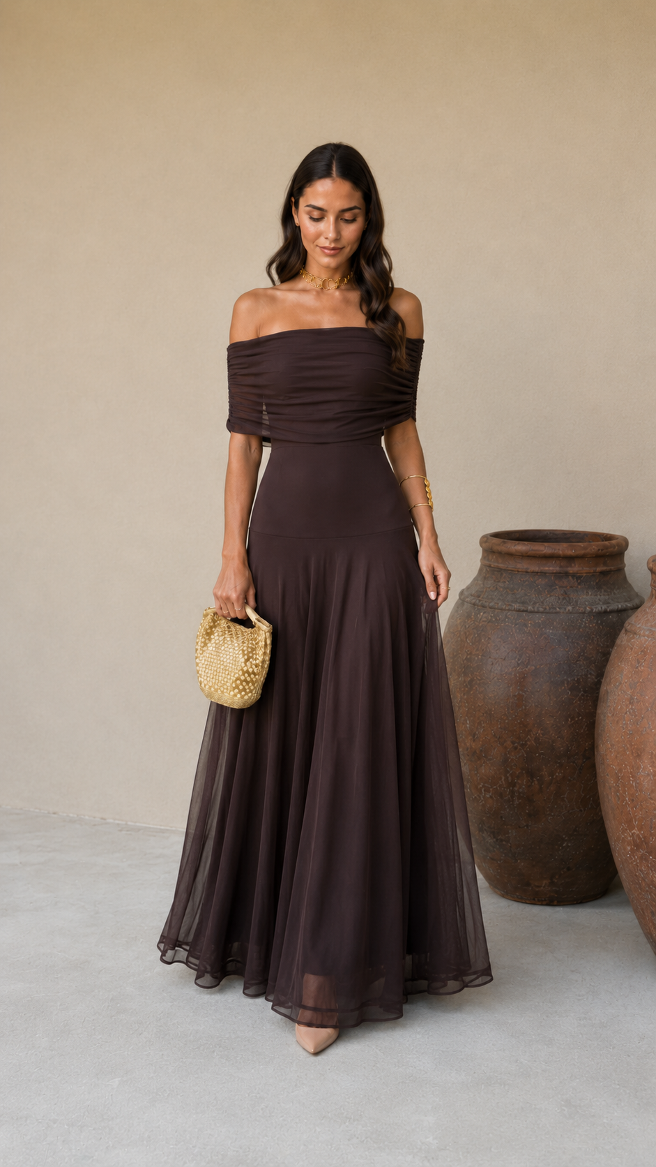 NOELIA- Vestido Elegante Color Marrón