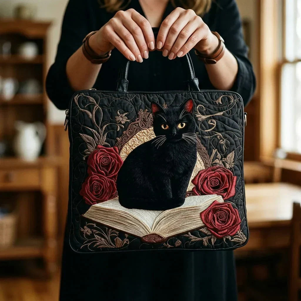 Bolso Artesanal Acolchado - Gato Negro con Libro
