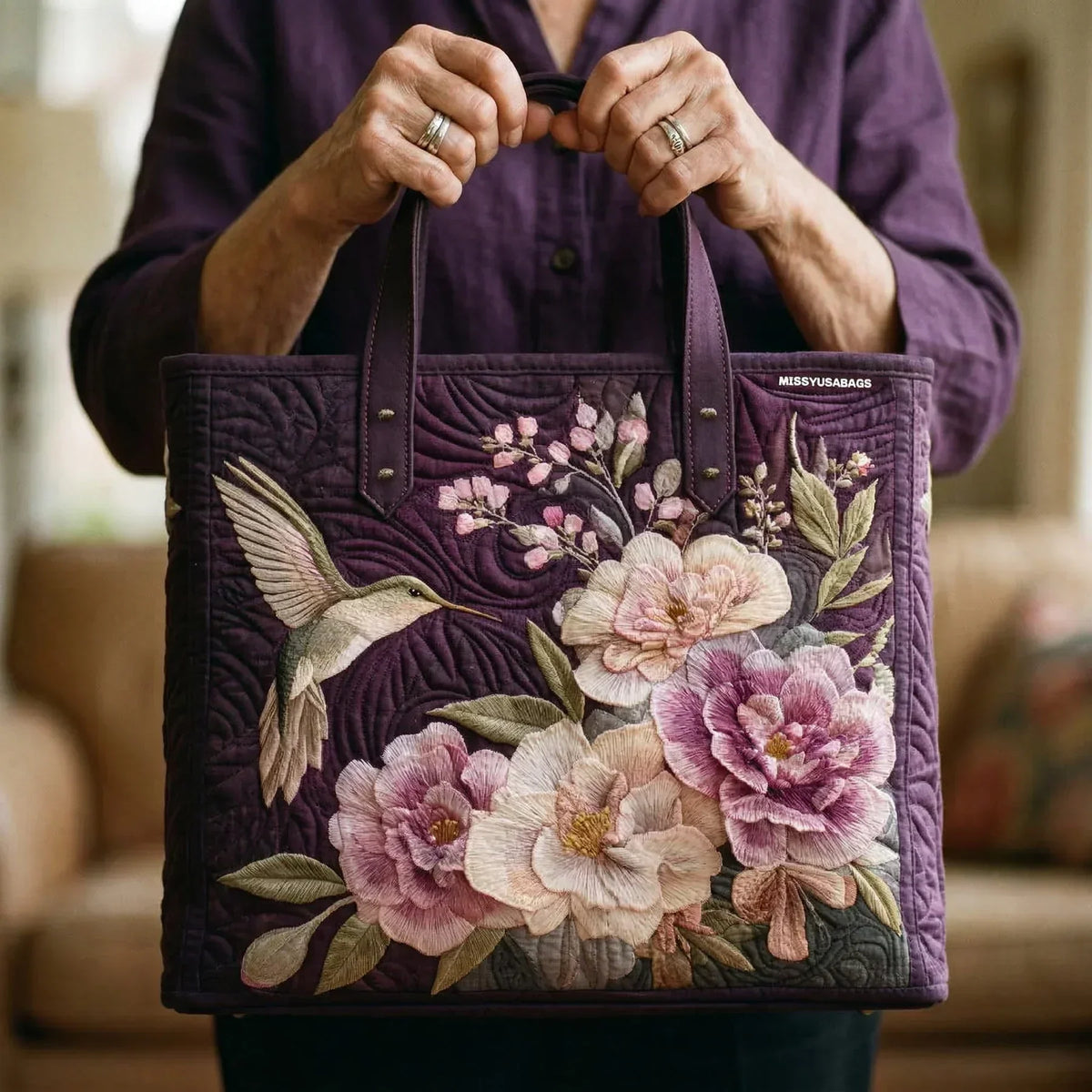 Bolso Artesanal Acolchado - Colibrì y Orquídea