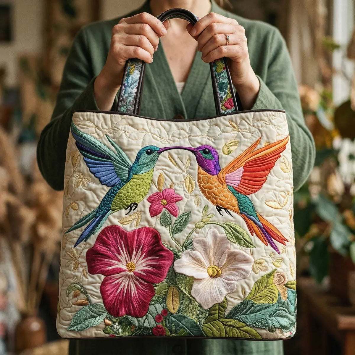 Bolso Artesanal - Colibrì y Flor Blanca